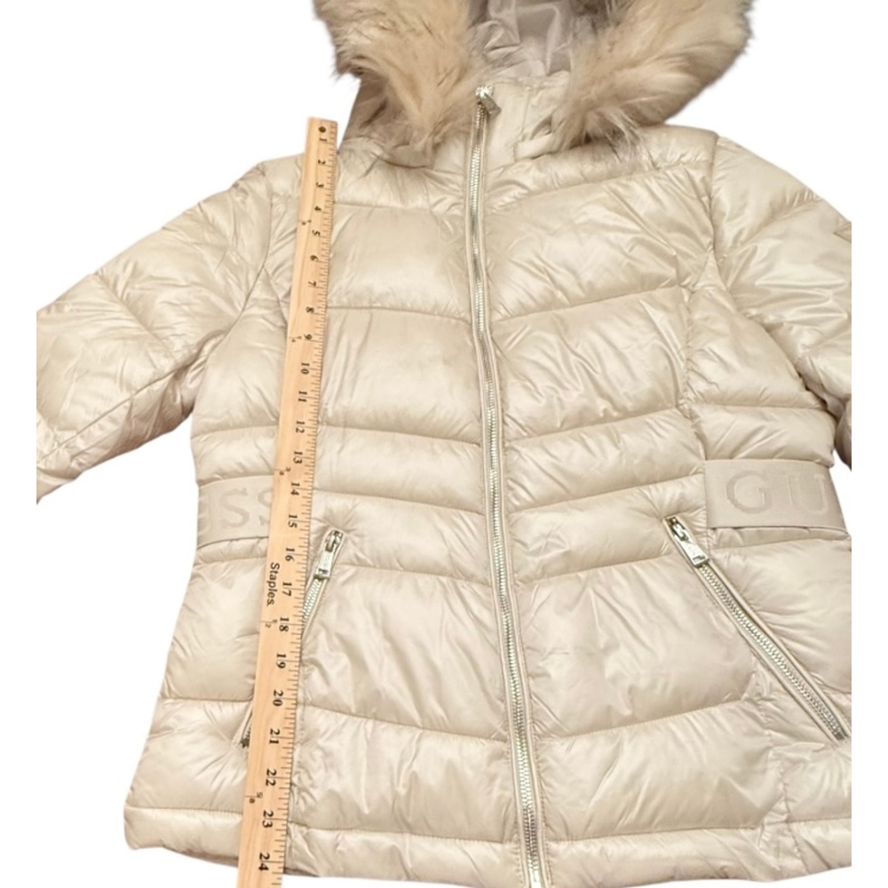 GUESS Beige Cream Puffer Jacket with Faux Fur Hood, Size M NWT - Picture 8 of 16